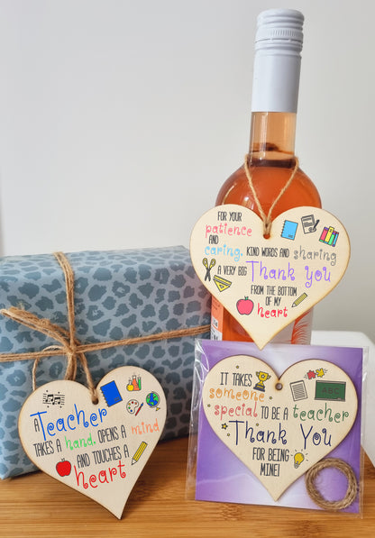 Set of 3 Hanging Decorations Wooden Hearts Teacher TA End of Term Gift | Someone Special Thank You | Takes a Hand Opens a Mind