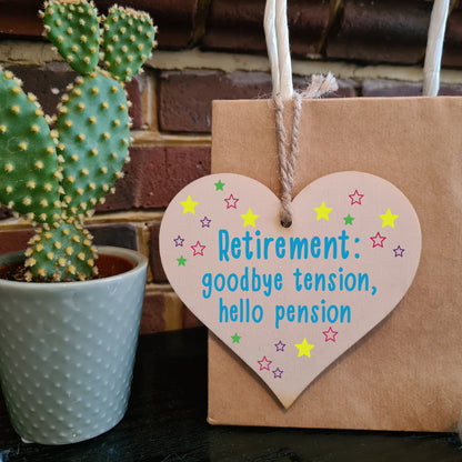 Handmade Wooden Hanging Heart Plaque Gift Goodbye Teansion Hello Pension Retirement Leaving Present Colleague Card Alternative