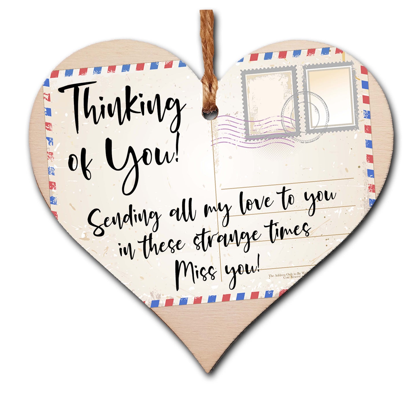 Handmade Wooden Hanging Heart Plaque Gift Thinking of you sending all my love sending well wishes to absent friends miss you keepsake long distance friendship postcard style