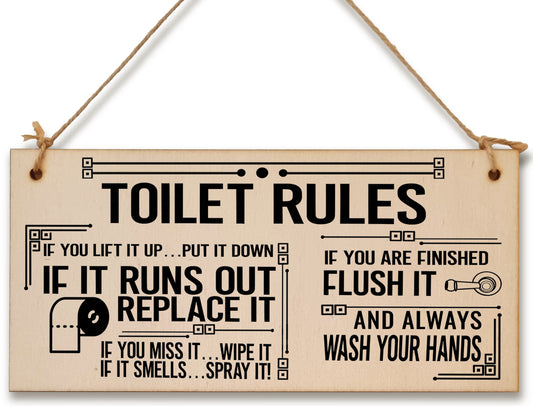 Toilet Rules Funny Novelty Handmade Wooden Hanging Wall Plaque Gift Bathroom Loo Sign Home Decoration