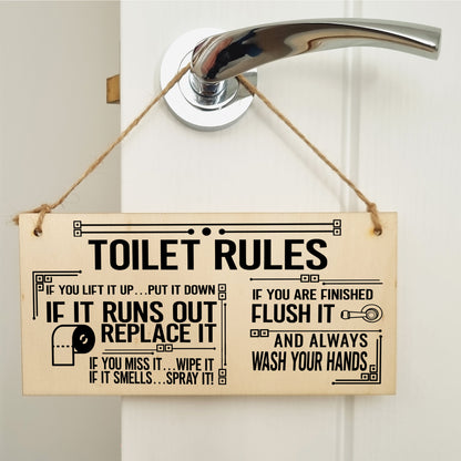 Toilet Rules Funny Novelty Handmade Wooden Hanging Wall Plaque Gift Bathroom Loo Sign Home Decoration