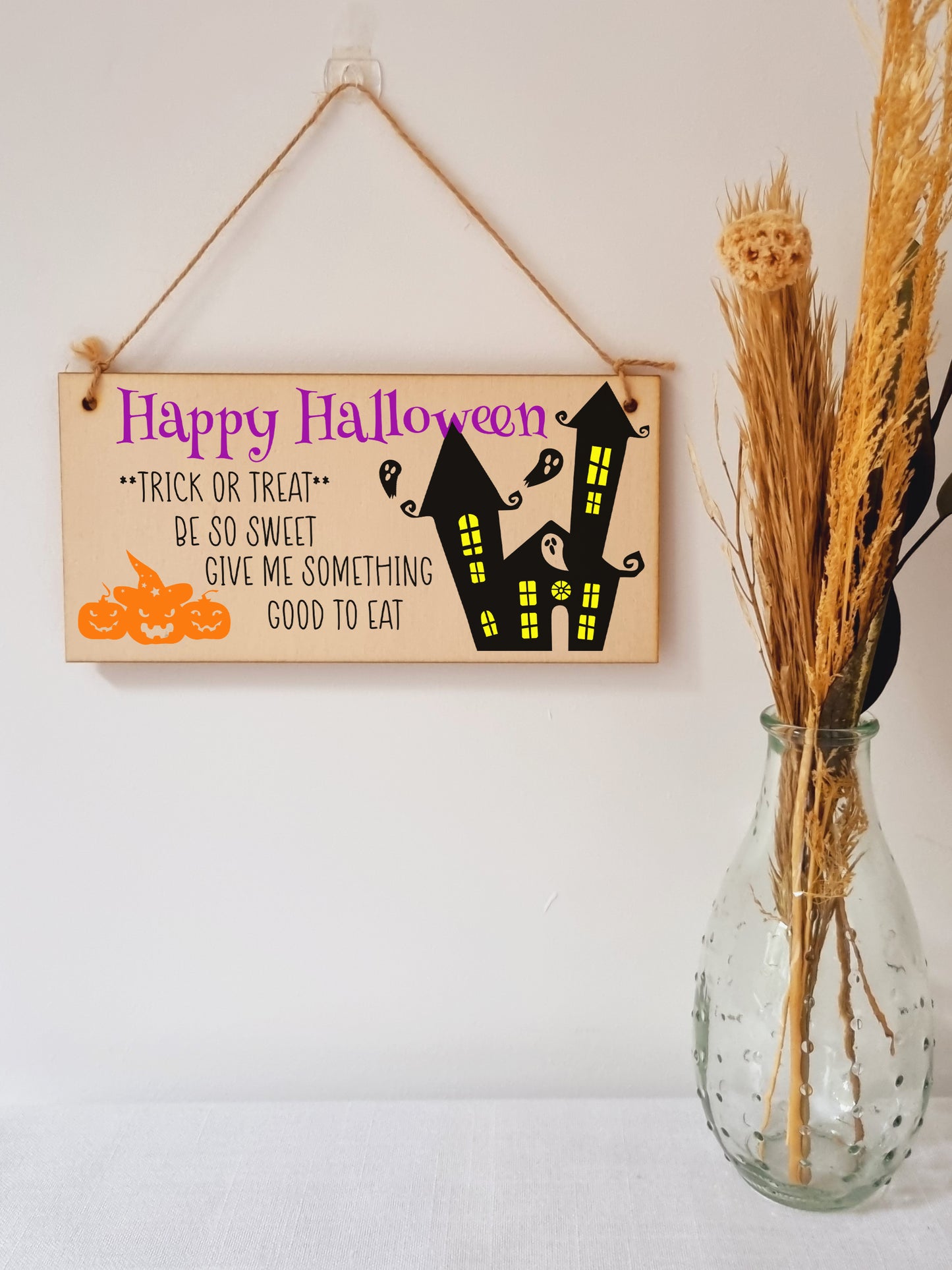 Happy Halloween Treats Sweets Spooky Fun Decorative Sign Handmade Wooden Hanging Wall Plaque Gift Hallway Home Décor