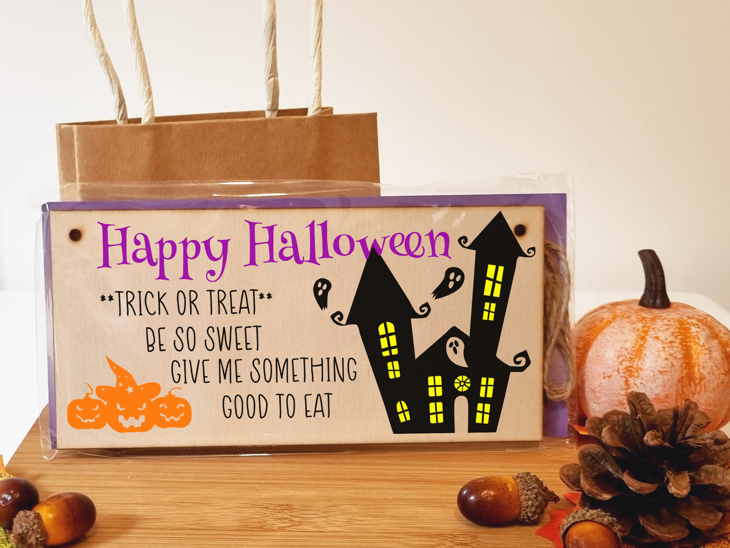 Happy Halloween Treats Sweets Spooky Fun Decorative Sign Handmade Wooden Hanging Wall Plaque Gift Hallway Home Décor