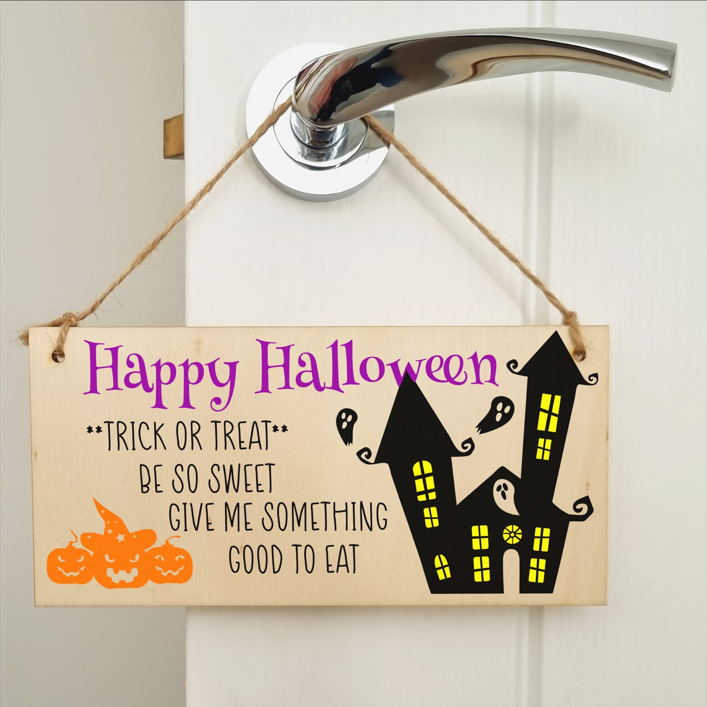 Happy Halloween Treats Sweets Spooky Fun Decorative Sign Handmade Wooden Hanging Wall Plaque Gift Hallway Home Décor