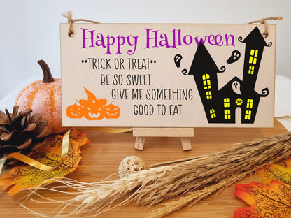 Happy Halloween Treats Sweets Spooky Fun Decorative Sign Handmade Wooden Hanging Wall Plaque Gift Hallway Home Décor