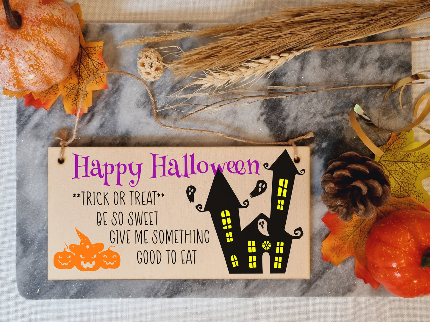 Happy Halloween Treats Sweets Spooky Fun Decorative Sign Handmade Wooden Hanging Wall Plaque Gift Hallway Home Décor