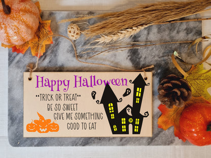 Happy Halloween Treats Sweets Spooky Fun Decorative Sign Handmade Wooden Hanging Wall Plaque Gift Hallway Home Décor