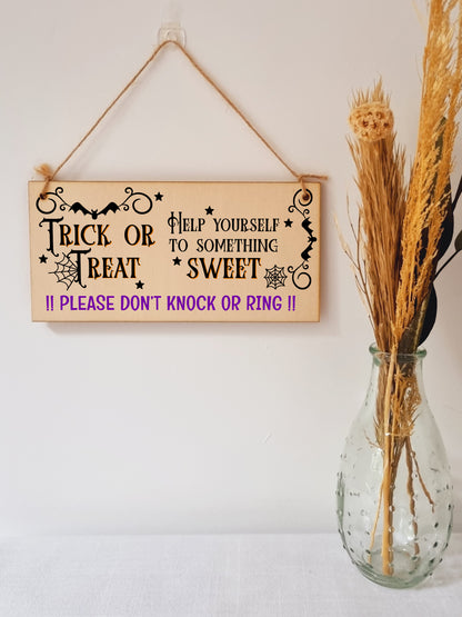 No Trick or Treaters But Don't Knock or Ring Halloween Do Not Disturb Sign Handmade Wooden Hanging Wall Plaque Gift Hallway Home Décor