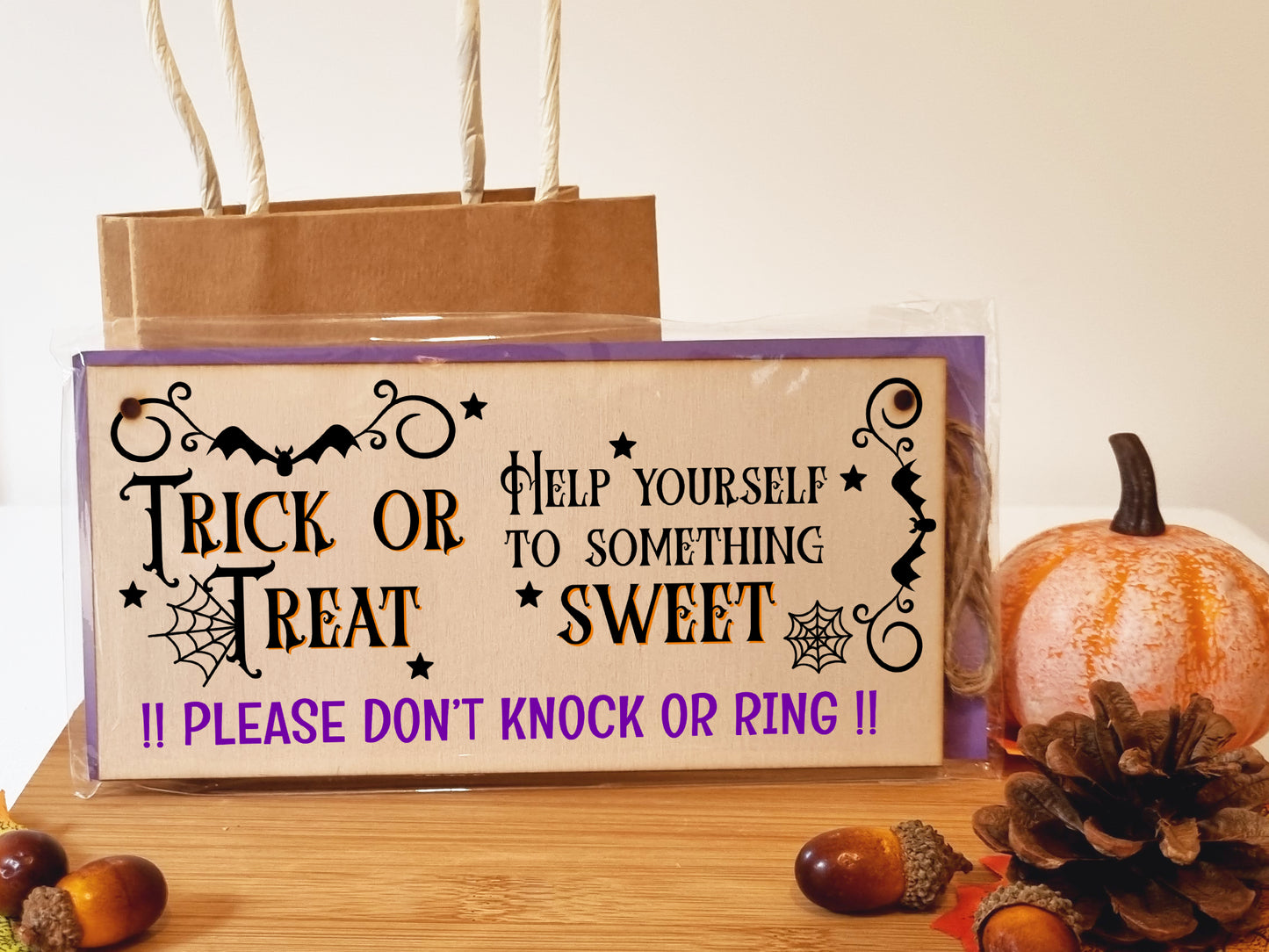 No Trick or Treaters But Don't Knock or Ring Halloween Do Not Disturb Sign Handmade Wooden Hanging Wall Plaque Gift Hallway Home Décor