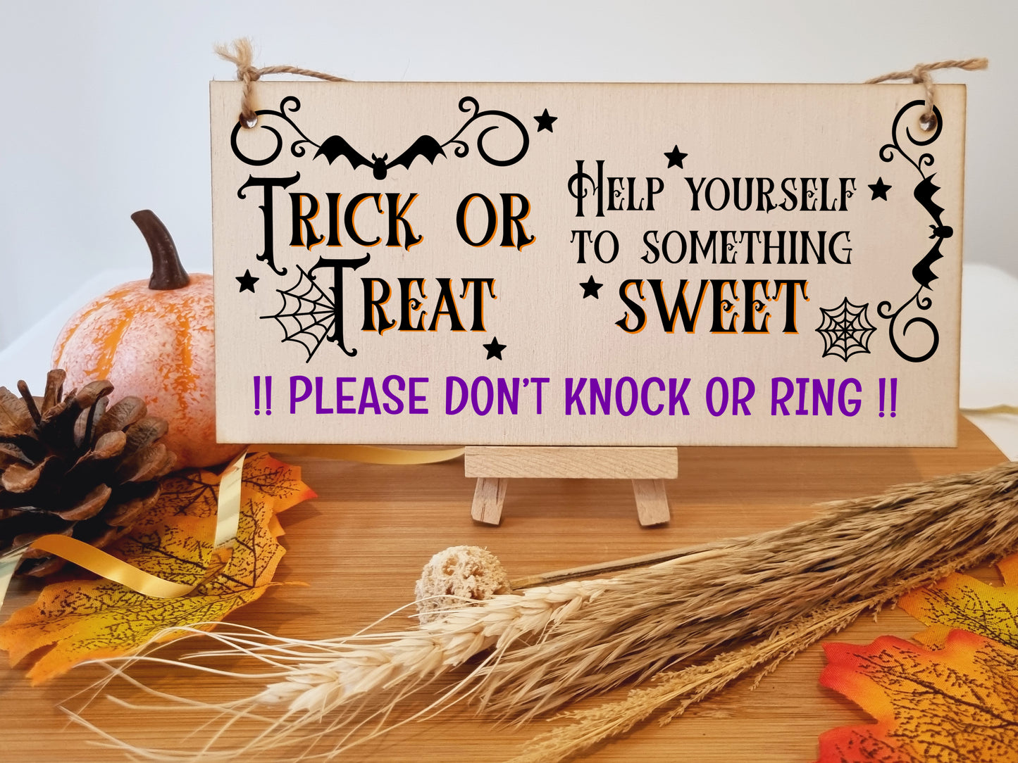 No Trick or Treaters But Don't Knock or Ring Halloween Do Not Disturb Sign Handmade Wooden Hanging Wall Plaque Gift Hallway Home Décor