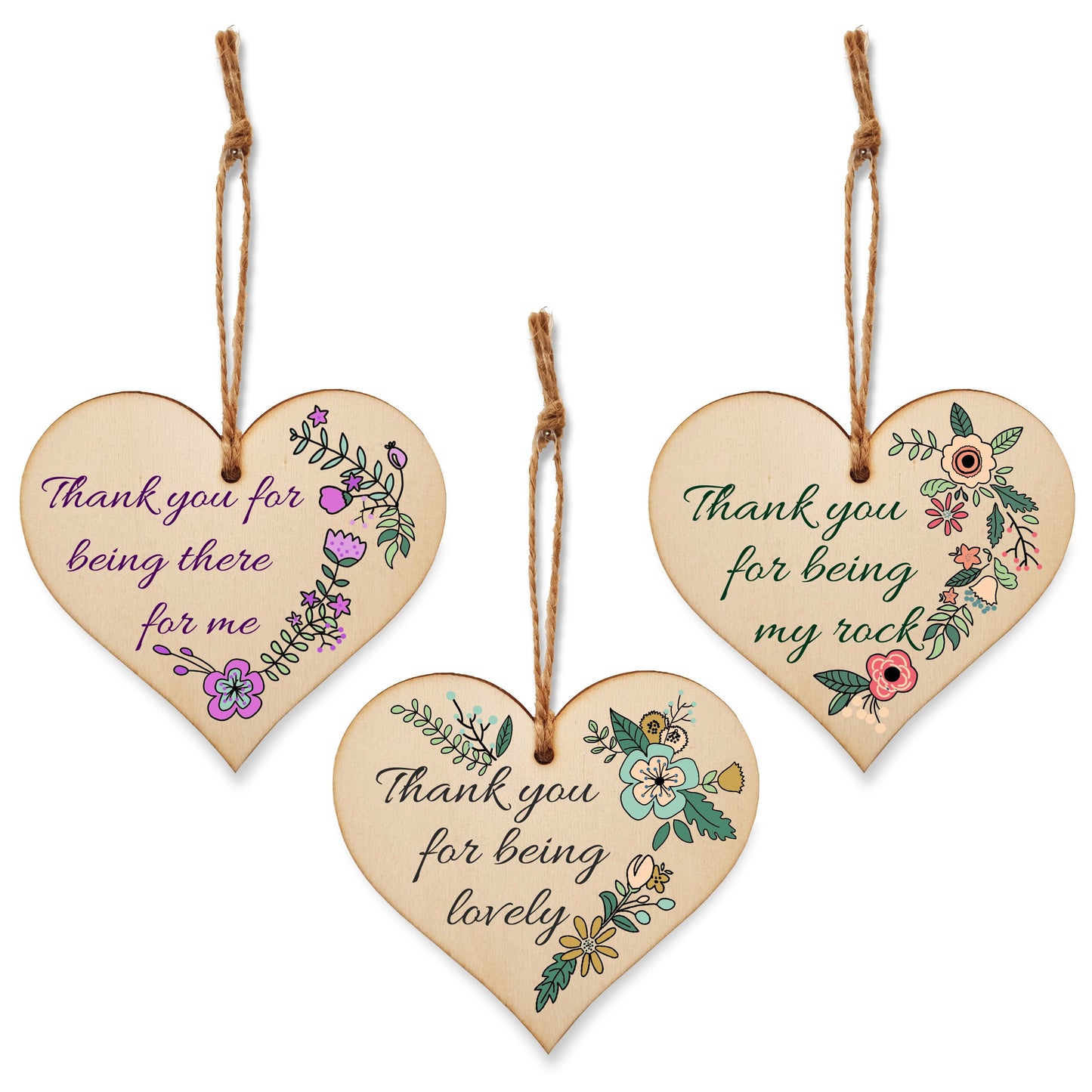 Set of 3 Hanging Decorations Wooden Hearts Thank You Gift Friend | For Being There For Me | For Being Lovely | For Being My Rock