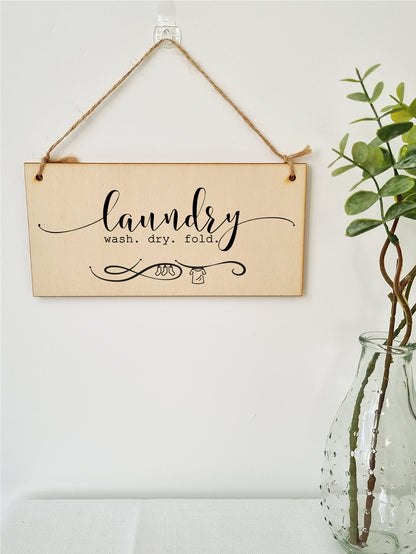 Handmade Wooden Hanging Wall Plaque Laundry Wash Dry Fold Funny Washing Decorative Sign for Utility Room