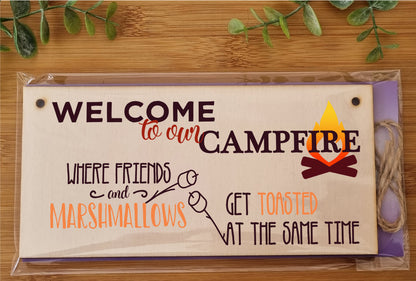 Handmade Wooden Hanging Wall Plaque Welcome to our Campfire Friends Roasted Funny Camping Tent Adventure Sign