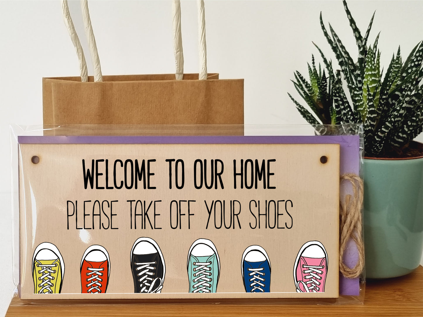 Handmade Wooden Hanging Wall Plaque Welcome Home Please Take Off Your Shoes Sign to Hang at the Front Door