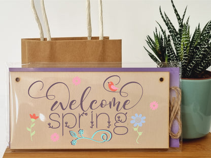 Handmade Wooden Hanging Wall Plaque Welcome Spring Cute Fun Easter Sign Springtime Garden Kitchen Decoration