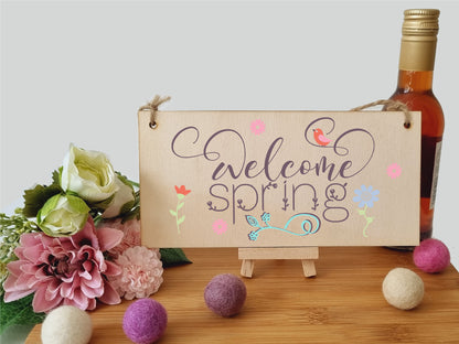 Handmade Wooden Hanging Wall Plaque Welcome Spring Cute Fun Easter Sign Springtime Garden Kitchen Decoration