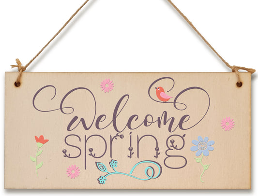 Handmade Wooden Hanging Wall Plaque Welcome Spring Cute Fun Easter Sign Springtime Garden Kitchen Decoration