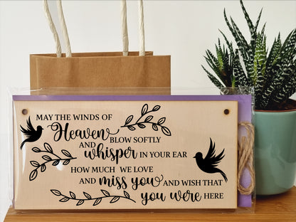 May the winds of Heaven Blow Sympathy Memory Handmade Wooden Hanging Wall Plaque Miss You Sentimental Gift