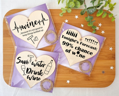 Set of 3 Hanging Decorations Wooden Hearts Funny Wine Bottle Tag Gifts | Save Water Drink Wine | Don't Keep Things Bottled Up