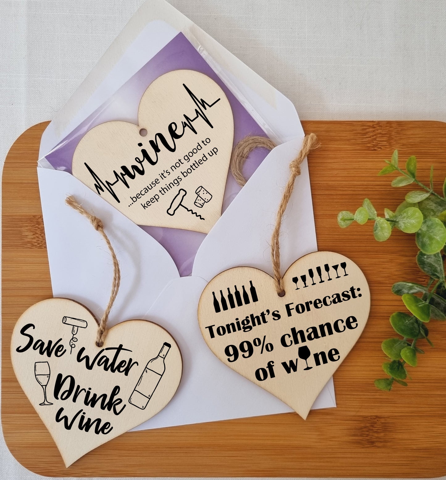 Set of 3 Hanging Decorations Wooden Hearts Funny Wine Bottle Tag Gifts | Save Water Drink Wine | Don't Keep Things Bottled Up