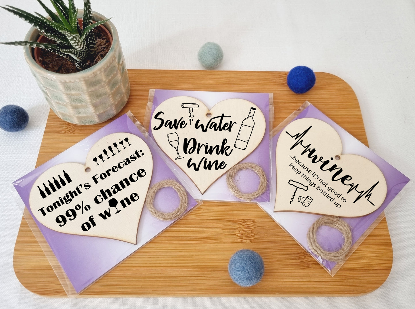 Set of 3 Hanging Decorations Wooden Hearts Funny Wine Bottle Tag Gifts | Save Water Drink Wine | Don't Keep Things Bottled Up