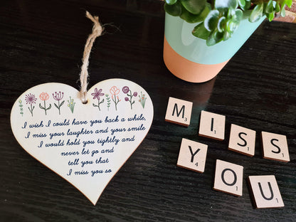 Handmade Wooden Hanging Heart Plaque Gift Miss Your Laughter Smile Hold Tight Bereavement In Memory Keepsake Wall Hanger