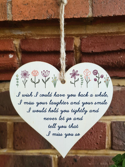 Handmade Wooden Hanging Heart Plaque Gift Miss Your Laughter Smile Hold Tight Bereavement In Memory Keepsake Wall Hanger