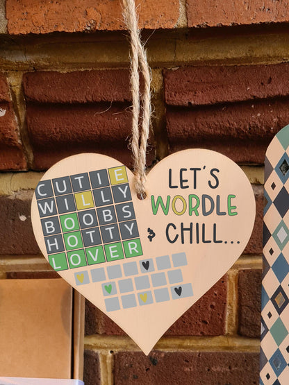 Handmade Wooden Hanging Heart Plaque Gift Lets Wordle and Chill Funny Rude Play on Words Boyfriend Girlfriend