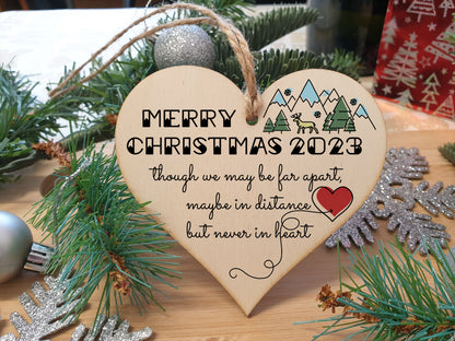 Handmade Wooden Hanging Heart Plaque Christmas Tree Bauble Though We May Be Far Apart 2022 Card Alternative Long Distance Family Friends