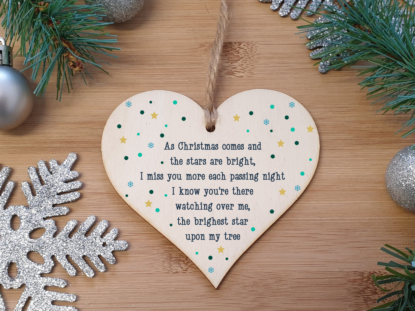 Handmade Wooden Hanging Heart Plaque Gift Christmas Comes Miss You Brightest Star Bereavement In Memory Keepsake Wall Hanger