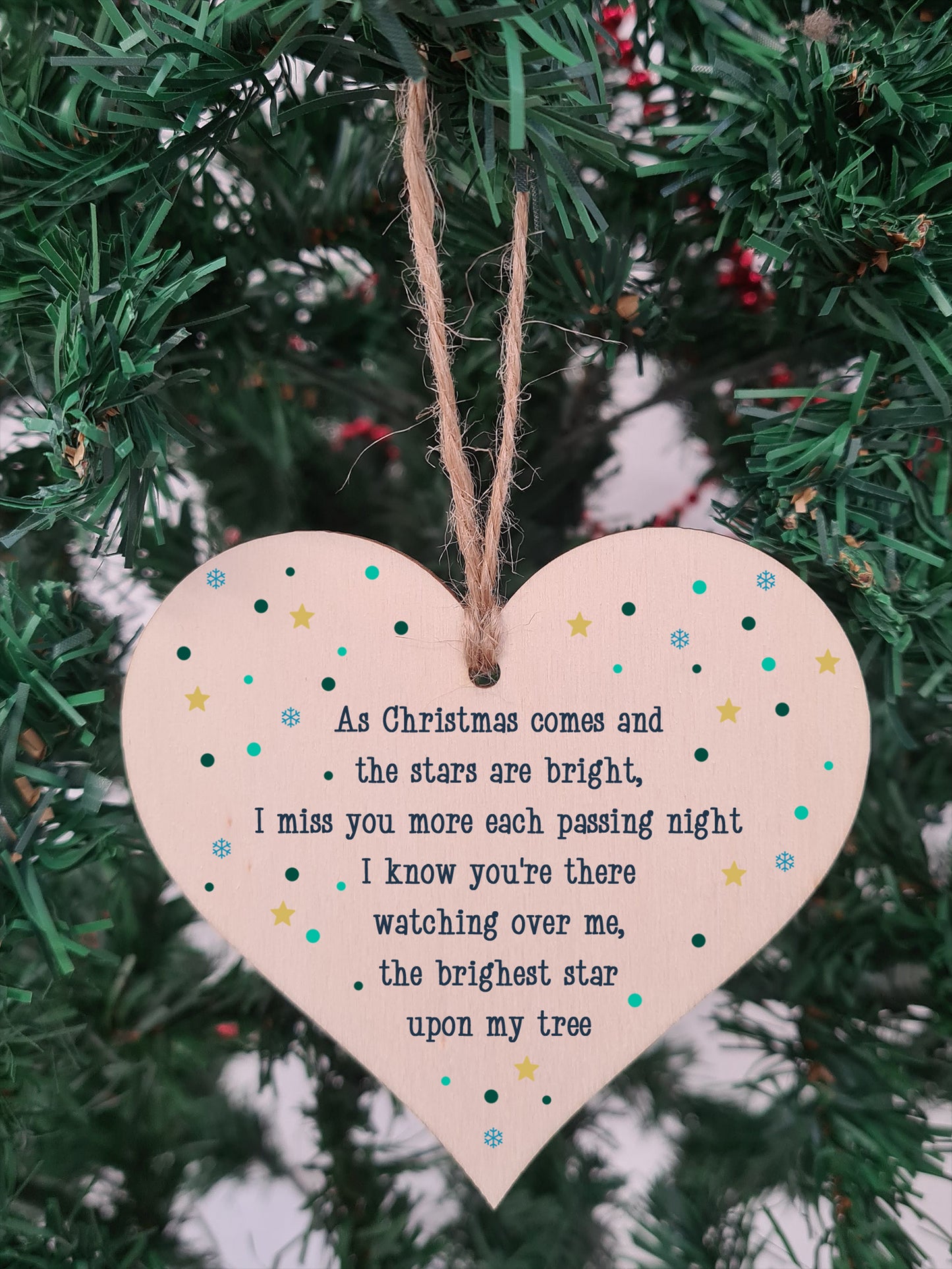 Handmade Wooden Hanging Heart Plaque Gift Christmas Comes Miss You Brightest Star Bereavement In Memory Keepsake Wall Hanger