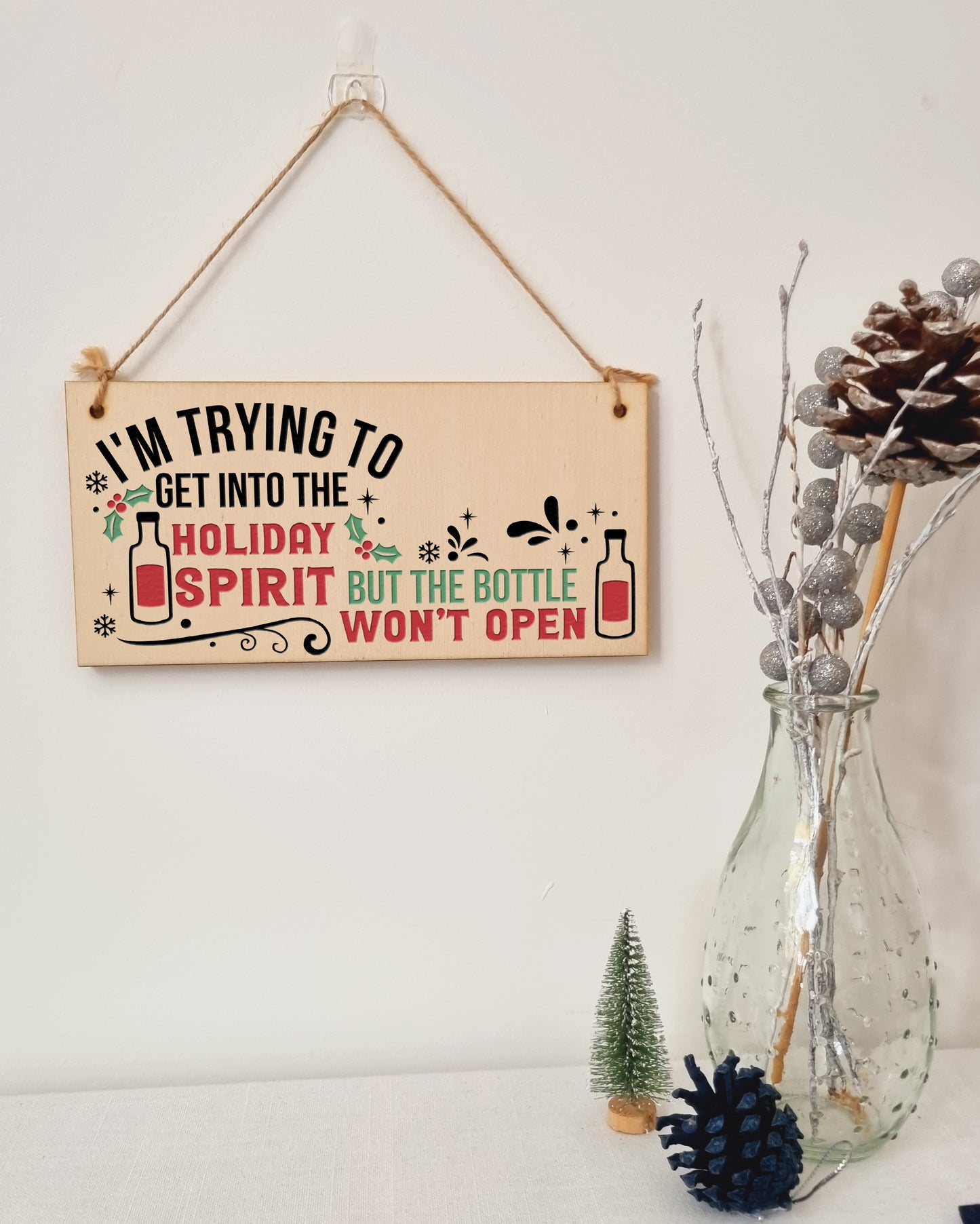 Get into the Christmas Spirit Funny Novelty Boozy Xmas Sign Handmade Wooden Hanging Wall Plaque Gift for Kitchen