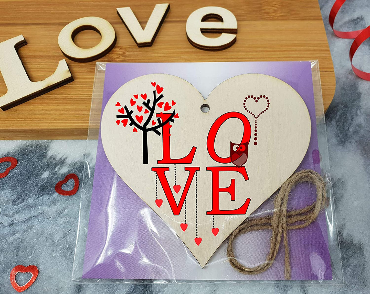 Handmade Wooden Hanging Heart Plaque Valentine's Gift L O V E simple red design cute owl gift for someone special boyfriend girlfriend husband wife funny romantic keepsake