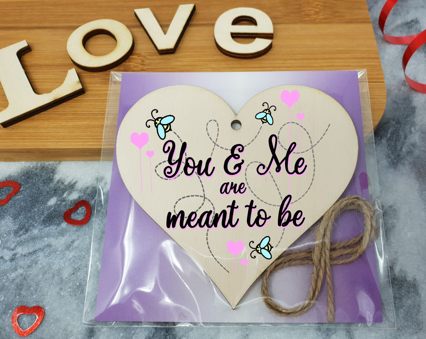 Handmade Wooden Hanging Heart Plaque Valentine's Gift You and Me are meants to be bee floral sweet cute gift for someone special boyfriend girlfriend husband wife funny romantic keepsake