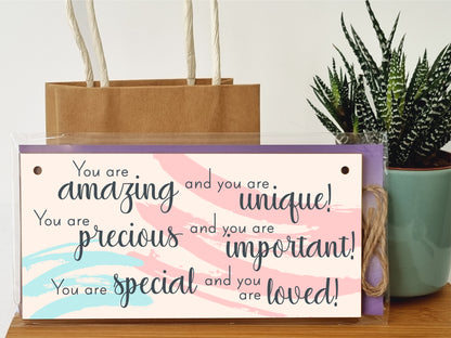 Handmade Wooden Hanging Wall Plaque You Are Amazing Unique Special Important Loved Inspirational Decorative Sign