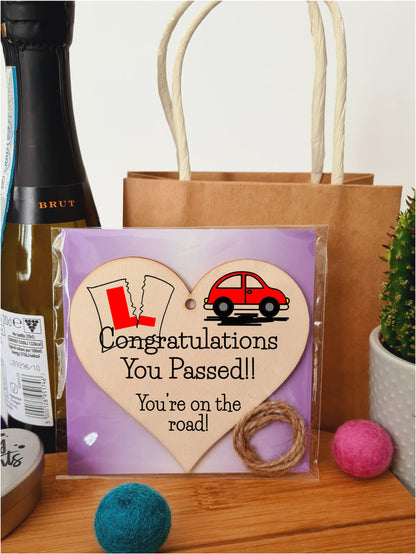 Handmade Wooden Hanging Heart Plaque Gift to Congratulate New Drivers Passed Driving Test Celebrate