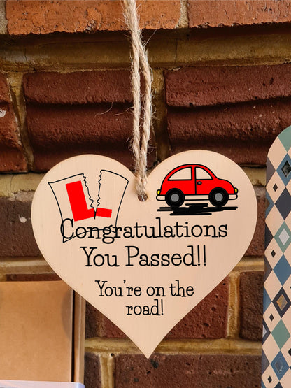 Handmade Wooden Hanging Heart Plaque Gift to Congratulate New Drivers Passed Driving Test Celebrate