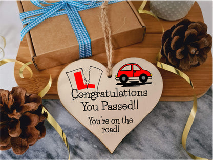 Handmade Wooden Hanging Heart Plaque Gift to Congratulate New Drivers Passed Driving Test Celebrate